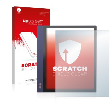 Vorderseite einer Produktverpackung mit dem Markenlogo upscreen. Daneben ist das Gerät Boox Note Air 2 mit dem zugehörigen Dis