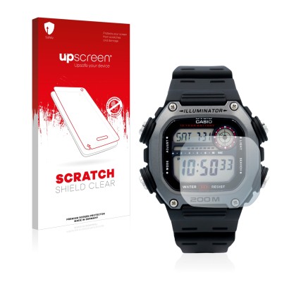 Parte frontale di una confezione del prodotto con il logo del marchio upscreen. Accanto è raffigurato il dispositivo Casio DW-