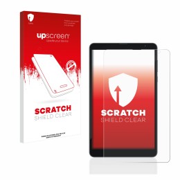 Parte frontal de un envase de producto con el logotipo de la marca upscreen. Al lado se muestra el dispositivo Blackview Tab 6