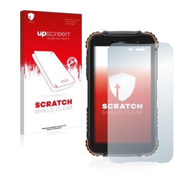 Face avant d’un emballage produit avec le logo de la marque upscreen. À côté, l’appareil Doogee S35T est représenté avec la pr