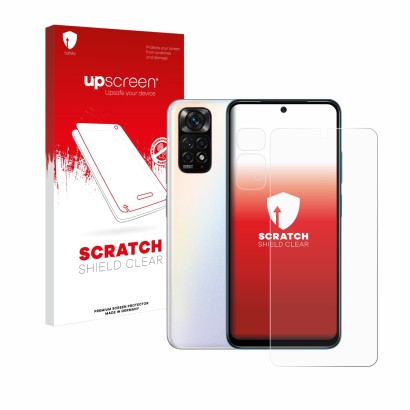 Parte frontal de un envase de producto con el logotipo de la marca upscreen. Al lado se muestra el dispositivo Xiaomi Redmi No