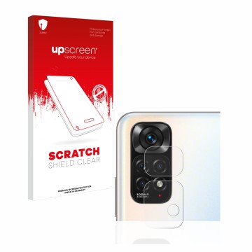 Parte frontal de un envase de producto con el logotipo de la marca upscreen. Al lado se muestra el dispositivo Xiaomi Redmi No
