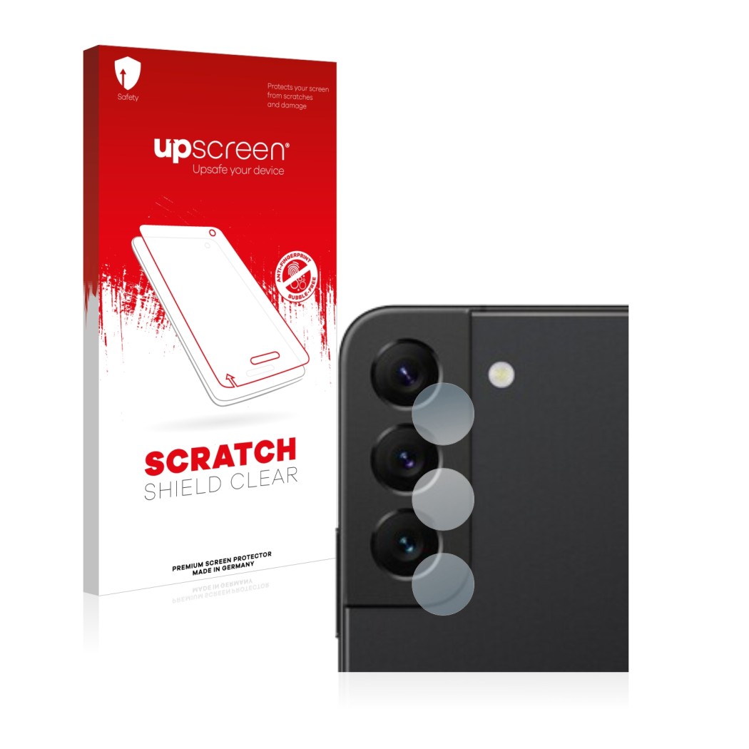 Front side of a product packaging with the brand logo upscreen. Next to it is the device Samsung Galaxy S22 5G (ONLY Camera Le