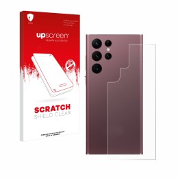 Face avant d’un emballage produit avec le logo de la marque upscreen. À côté, l’appareil Samsung Galaxy S22 Ultra 5G (Arrière)