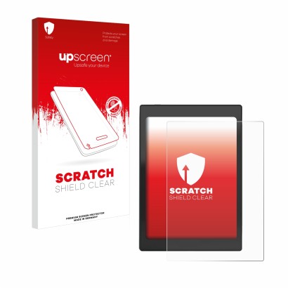 Parte frontale di una confezione del prodotto con il logo del marchio upscreen. Accanto è raffigurato il dispositivo Boox Nova