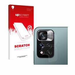 Parte frontal de un envase de producto con el logotipo de la marca upscreen. Al lado se muestra el dispositivo Xiaomi Redmi No