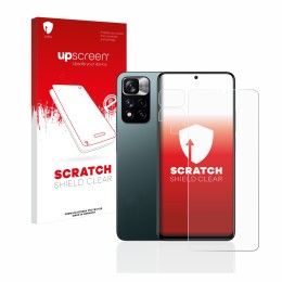 Parte frontal de un envase de producto con el logotipo de la marca upscreen. Al lado se muestra el dispositivo Xiaomi Redmi No
