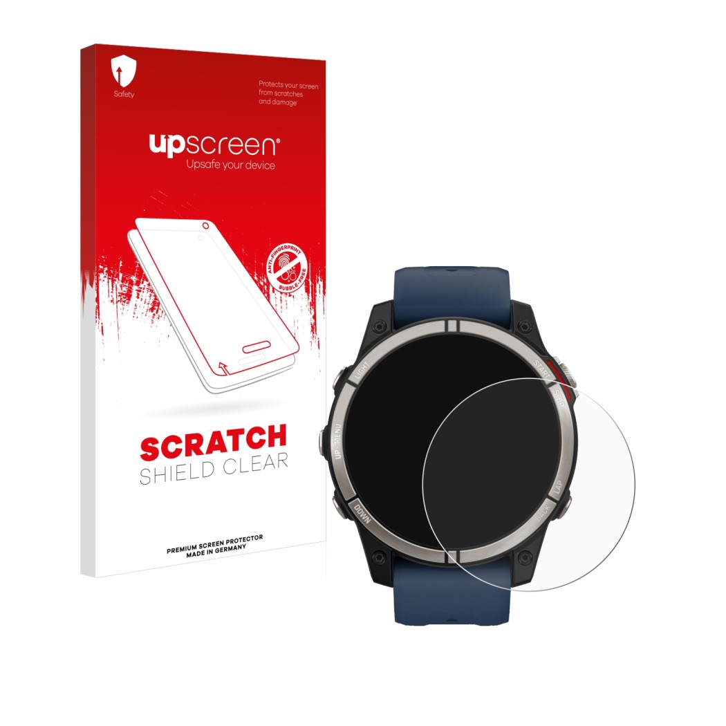 Parte frontal de un envase de producto con el logotipo de la marca upscreen. Al lado se muestra el dispositivo Garmin quatix 7