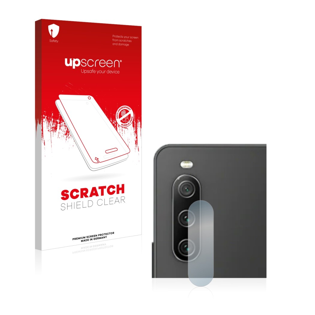 Parte frontal de un envase de producto con el logotipo de la marca upscreen. Al lado se muestra el dispositivo Sony Xperia 10 