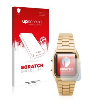 Parte frontale di una confezione del prodotto con il logo del marchio upscreen. Accanto è raffigurato il dispositivo Casio AQ-