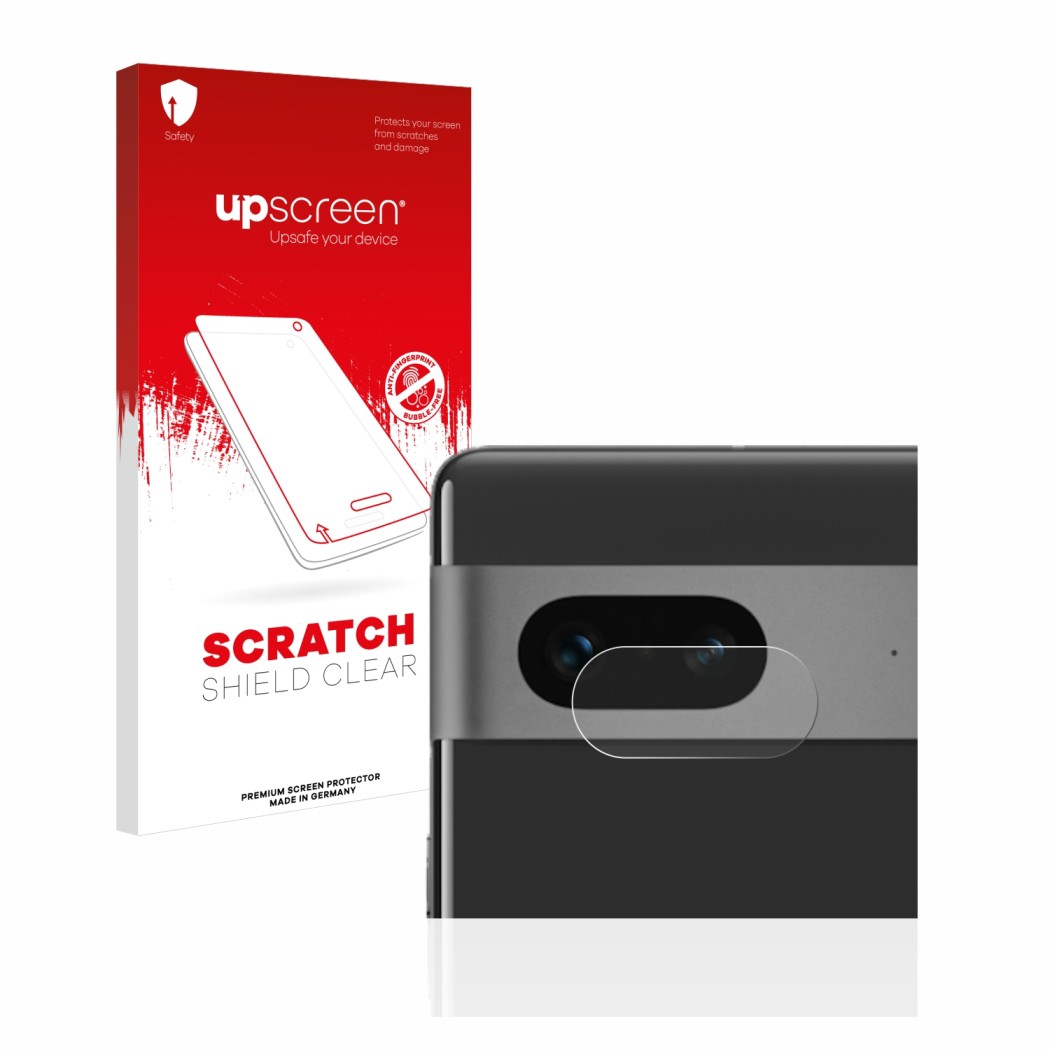 Parte frontal de un envase de producto con el logotipo de la marca upscreen. Al lado se muestra el dispositivo Google Pixel 7 