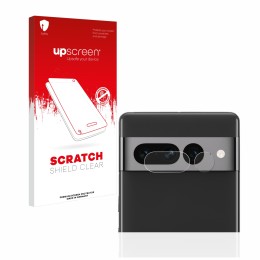 Parte frontal de un envase de producto con el logotipo de la marca upscreen. Al lado se muestra el dispositivo Google Pixel 7 