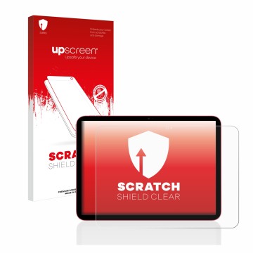 Parte frontal de un envase de producto con el logotipo de la marca upscreen. Al lado se muestra el dispositivo Apple iPad 10.9
