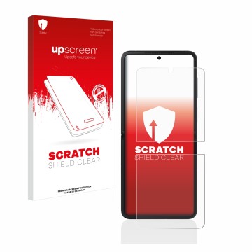 Parte frontal de un envase de producto con el logotipo de la marca upscreen. Al lado se muestra el dispositivo Oppo Find N2 Fl