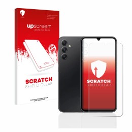Vorderseite einer Produktverpackung mit dem Markenlogo upscreen. Daneben ist das Gerät Samsung Galaxy A34 5G (Display+Kamera) 