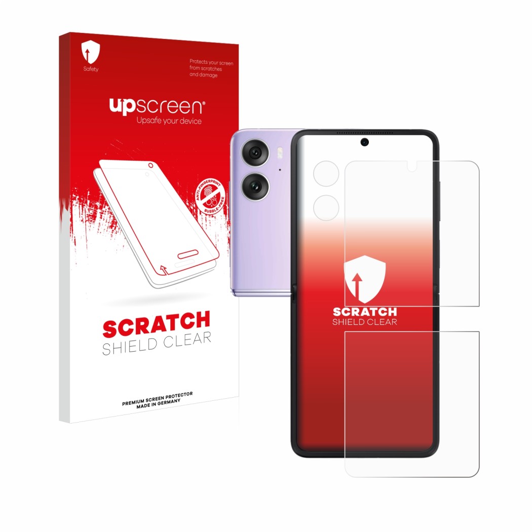 Parte frontal de un envase de producto con el logotipo de la marca upscreen. Al lado se muestra el dispositivo Oppo Find N2 Fl