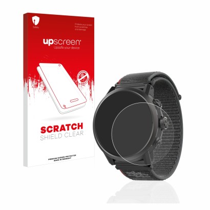 Face avant d’un emballage produit avec le logo de la marque upscreen. À côté, l’appareil Coros Apex 2 est représenté avec la p