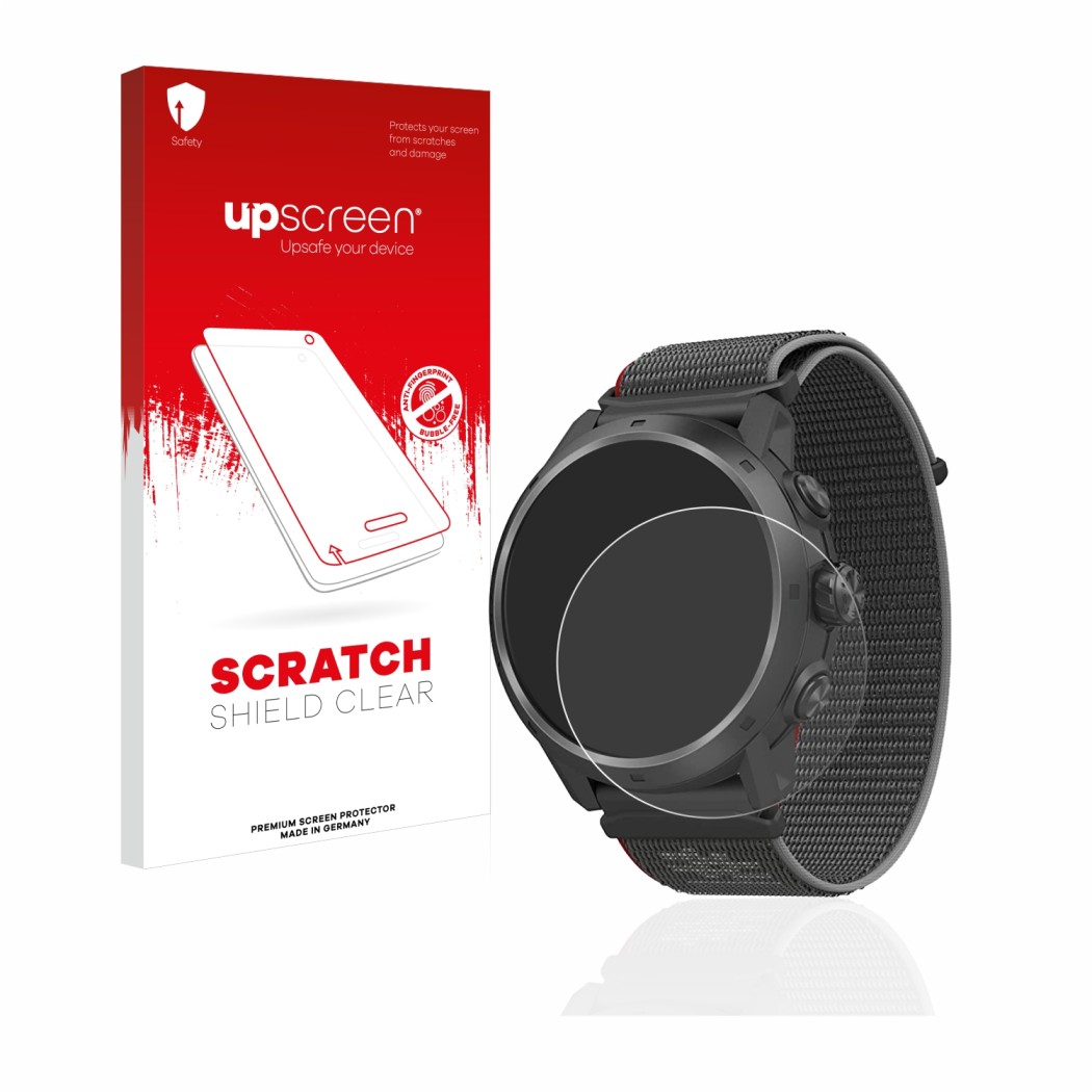 Face avant d’un emballage produit avec le logo de la marque upscreen. À côté, l’appareil Coros Apex 2 Pro est représenté avec 