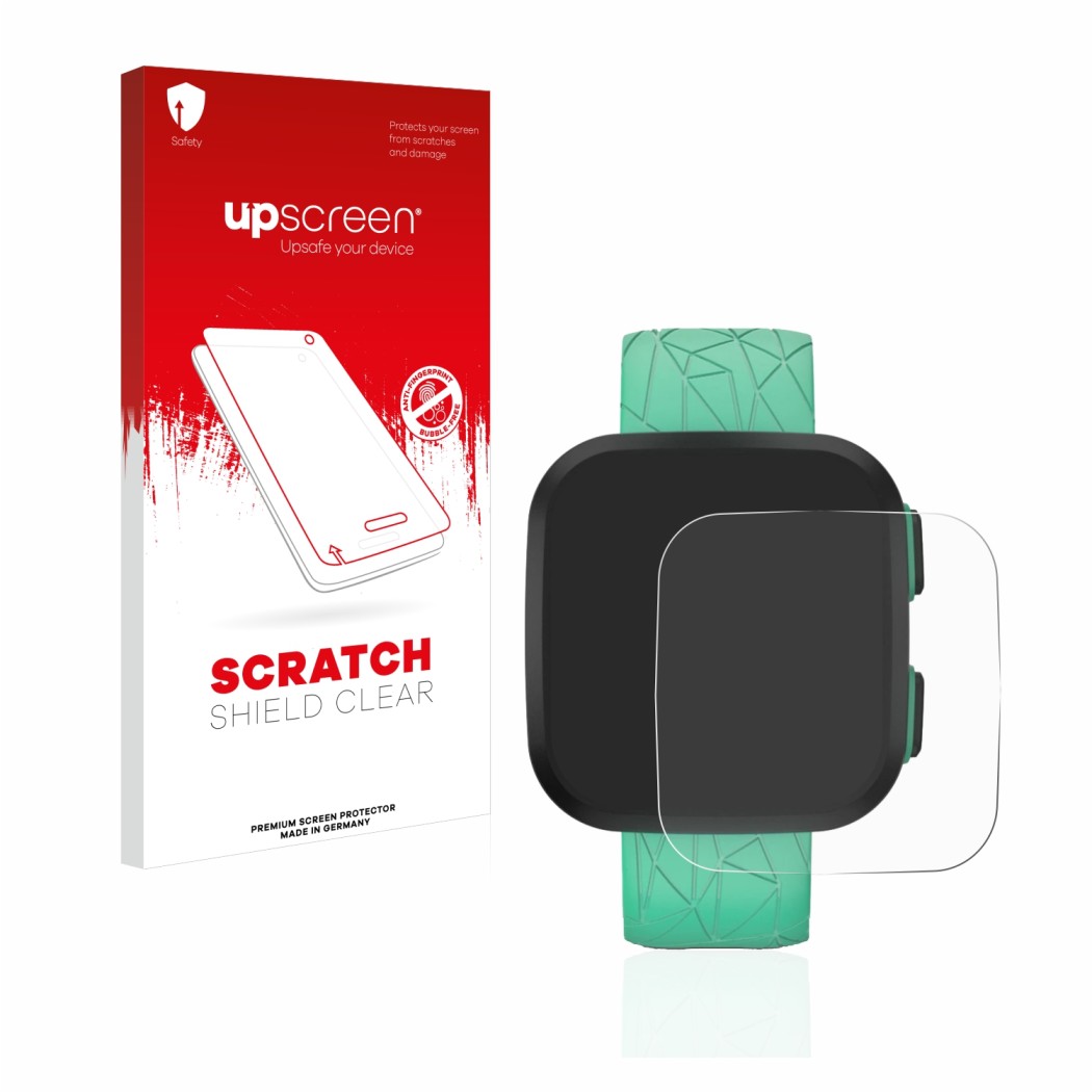 Parte frontale di una confezione del prodotto con il logo del marchio upscreen. Accanto è raffigurato il dispositivo Garmin Bo