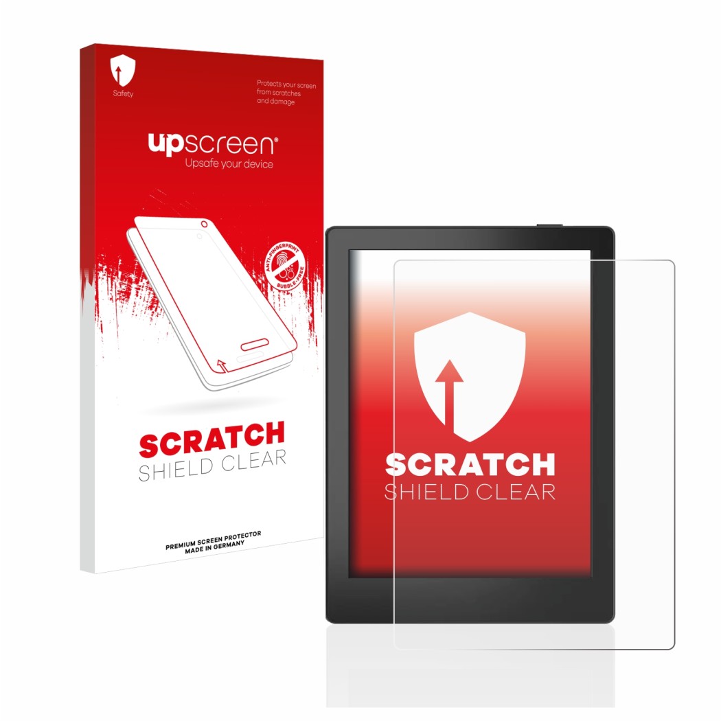 Vorderseite einer Produktverpackung mit dem Markenlogo upscreen. Daneben ist das Gerät Boox Poke 5 mit dem zugehörigen Display