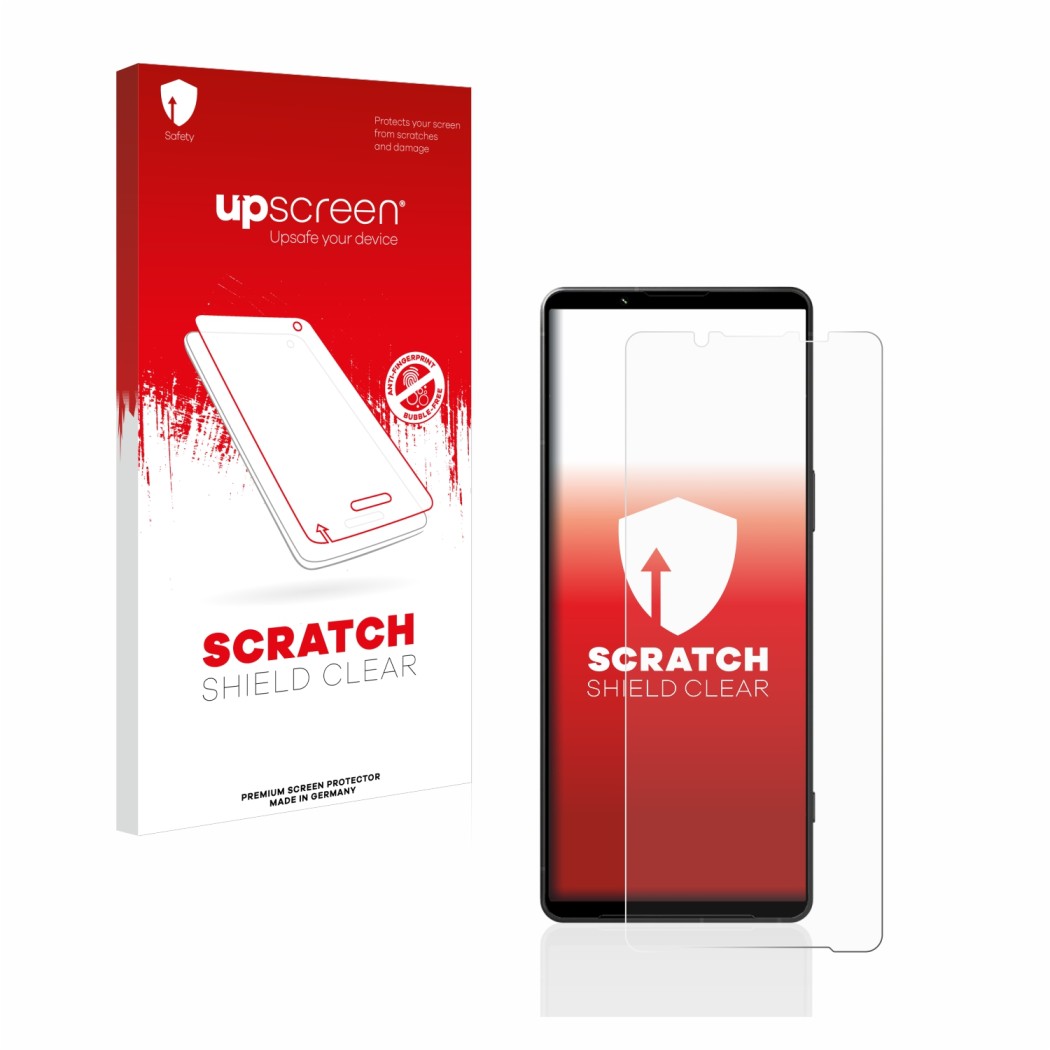 Parte frontal de un envase de producto con el logotipo de la marca upscreen. Al lado se muestra el dispositivo Sony Xperia 1 V