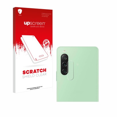Face avant d’un emballage produit avec le logo de la marque upscreen. À côté, l’appareil Sony Xperia 10 V (Caméra UNIQUEMENT) 