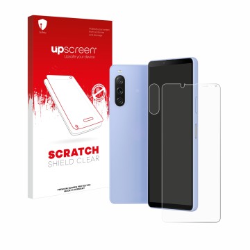 Face avant d’un emballage produit avec le logo de la marque upscreen. À côté, l’appareil Sony Xperia 10 V (Avant+Caméra) est r
