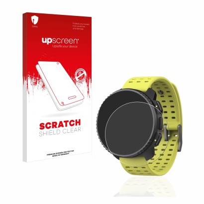 Face avant d’un emballage produit avec le logo de la marque upscreen. À côté, l’appareil Suunto Vertical est représenté avec l
