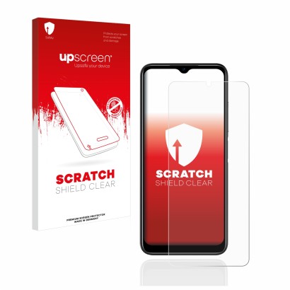Parte frontal de un envase de producto con el logotipo de la marca upscreen. Al lado se muestra el dispositivo Doogee N50 con
