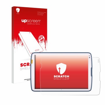 Parte frontal de un envase de producto con el logotipo de la marca upscreen. Al lado se muestra el dispositivo Zebra ET40 10.1