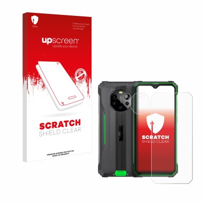 Parte frontale di una confezione del prodotto con il logo del marchio upscreen. Accanto è raffigurato il dispositivo Blackview