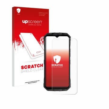 Face avant d’un emballage produit avec le logo de la marque upscreen. À côté, l’appareil Doogee V30T est représenté avec la pr