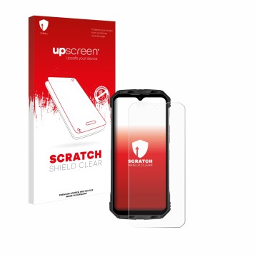 Parte frontal de un envase de producto con el logotipo de la marca upscreen. Al lado se muestra el dispositivo Doogee S110 con