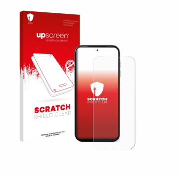 Parte frontale di una confezione del prodotto con il logo del marchio upscreen. Accanto è raffigurato il dispositivo Fairphone