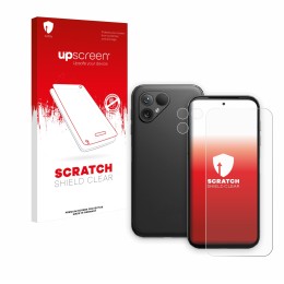 Vorderseite einer Produktverpackung mit dem Markenlogo upscreen. Daneben ist das Gerät Fairphone 5 (Display+Kamera) mit dem zu