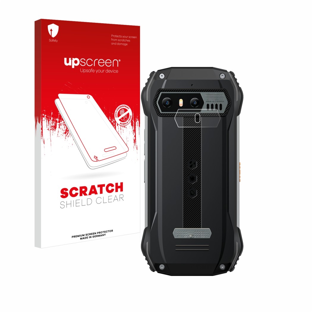 Face avant d’un emballage produit avec le logo de la marque upscreen. À côté, l’appareil Blackview N6000 (Caméra UNIQUEMENT) e