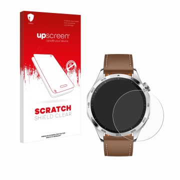 Vorderseite einer Produktverpackung mit dem Markenlogo upscreen. Daneben ist das Gerät Huawei Watch GT 4 (46mm) mit dem zugehö