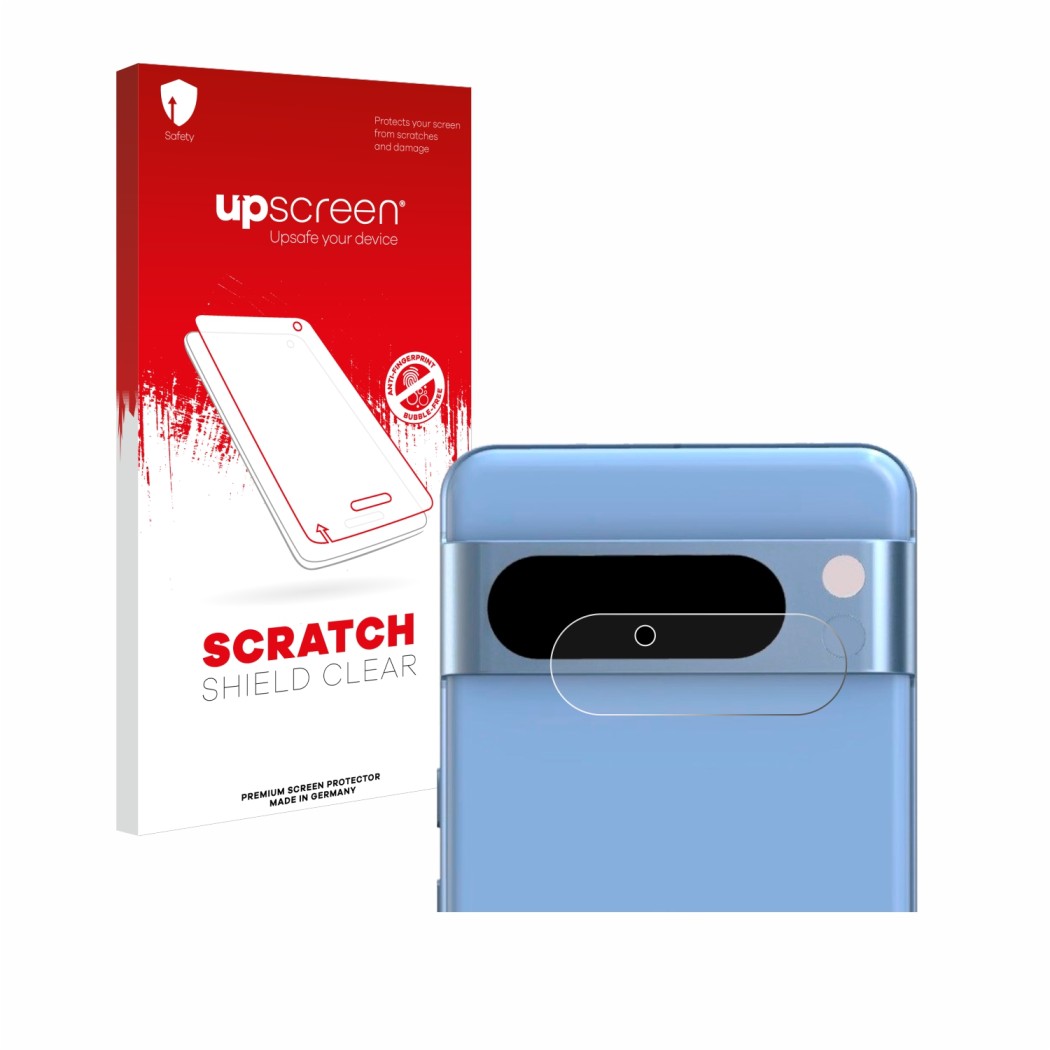 Parte frontal de un envase de producto con el logotipo de la marca upscreen. Al lado se muestra el dispositivo Google Pixel 8 