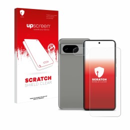 Parte frontal de un envase de producto con el logotipo de la marca upscreen. Al lado se muestra el dispositivo Google Pixel 8 