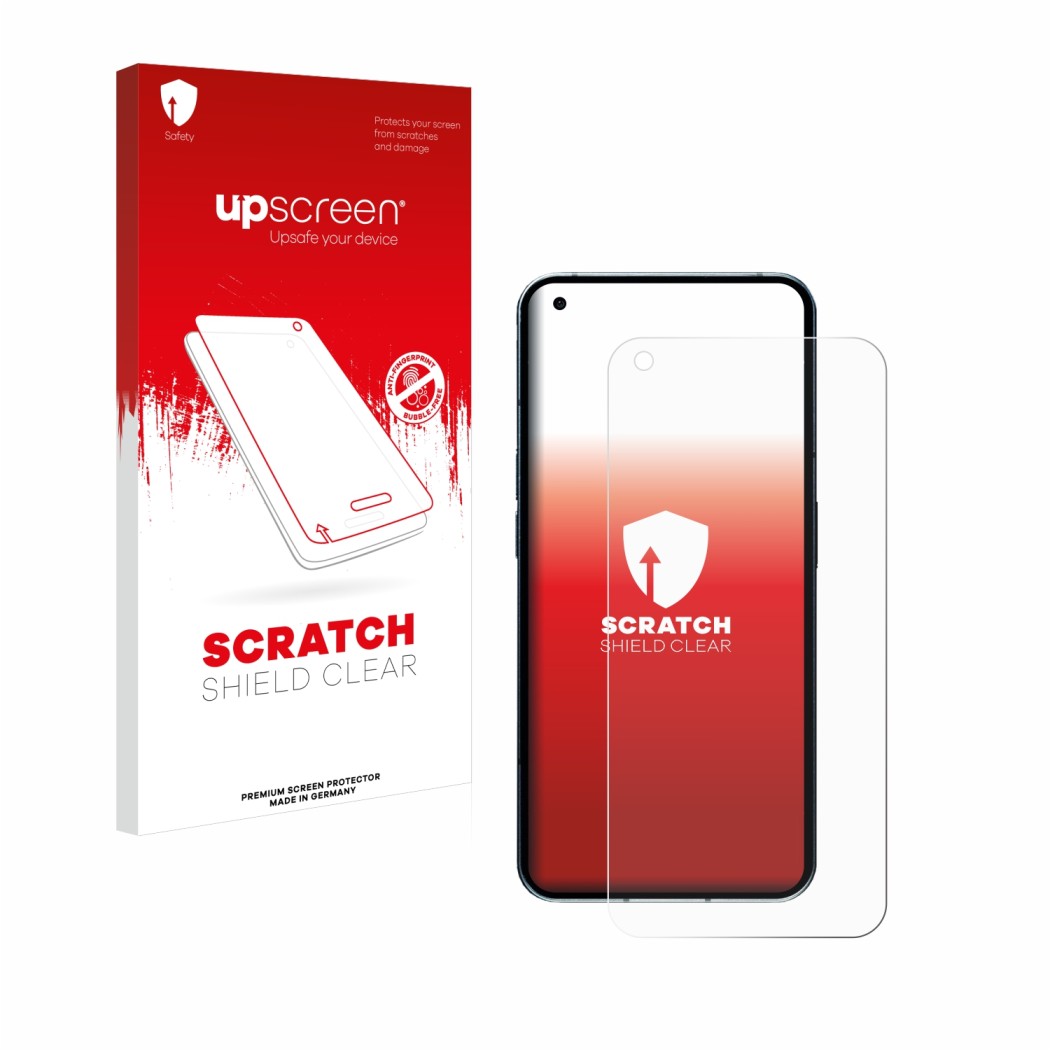 Face avant d’un emballage produit avec le logo de la marque upscreen. À côté, l’appareil Nothing Phone (1) (case-friendly) est