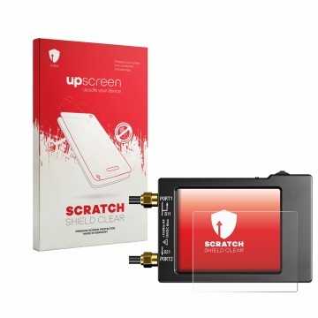 Face avant d’un emballage produit avec le logo de la marque upscreen. À côté, l’appareil NanoVNA H (handheld) est représenté a