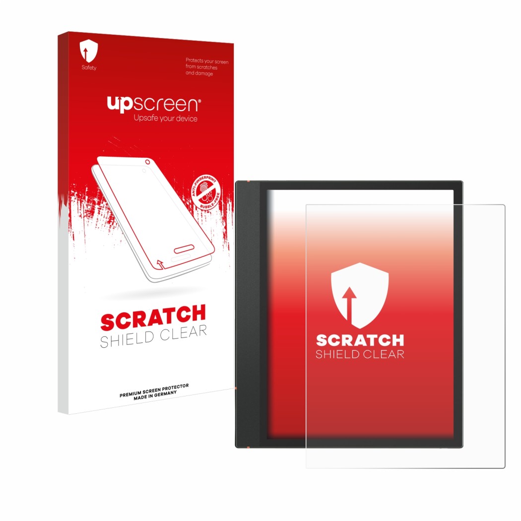 Vorderseite einer Produktverpackung mit dem Markenlogo upscreen. Daneben ist das Gerät Boox Note Air 3 mit dem zugehörigen Dis