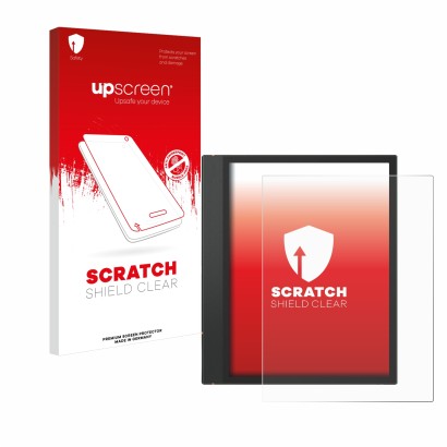 Vorderseite einer Produktverpackung mit dem Markenlogo upscreen. Daneben ist das Gerät Boox Note Air 3 mit dem zugehörigen Dis