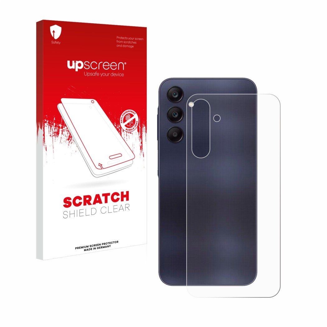 Front side of a product packaging with the brand logo upscreen. Next to it is the device Samsung Galaxy A25 5G (Back) shown wi