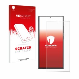 Parte frontal de un envase de producto con el logotipo de la marca upscreen. Al lado se muestra el dispositivo Samsung Galaxy 