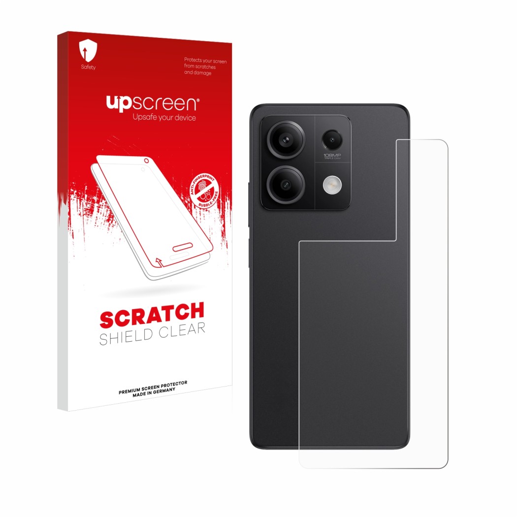 Parte frontal de un envase de producto con el logotipo de la marca upscreen. Al lado se muestra el dispositivo Xiaomi Redmi No
