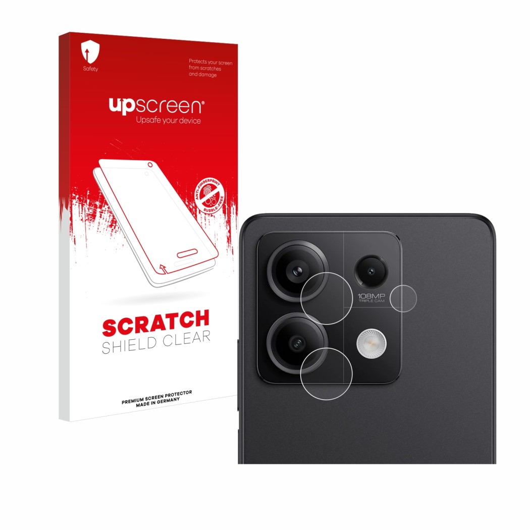 Parte frontal de un envase de producto con el logotipo de la marca upscreen. Al lado se muestra el dispositivo Xiaomi Redmi No