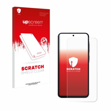 Parte frontal de un envase de producto con el logotipo de la marca upscreen. Al lado se muestra el dispositivo Samsung Galaxy 