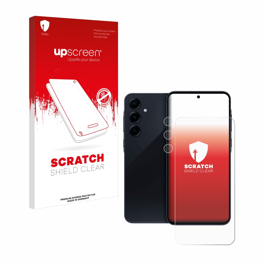 Parte frontal de un envase de producto con el logotipo de la marca upscreen. Al lado se muestra el dispositivo Samsung Galaxy 