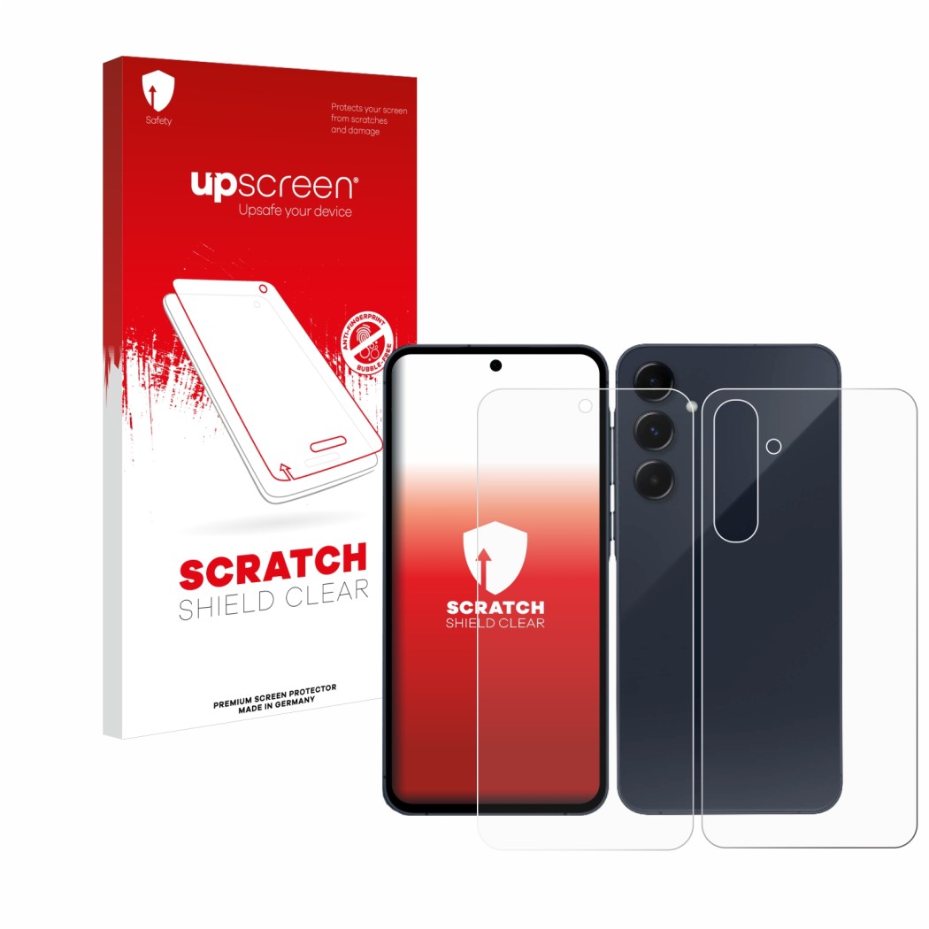 Parte frontal de un envase de producto con el logotipo de la marca upscreen. Al lado se muestra el dispositivo Samsung Galaxy 